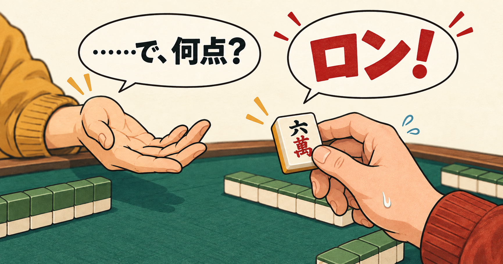 六萬の牌を持って「ロン！」と宣言した人に、同卓者が「……で、何点？」と尋ねるイラスト。
