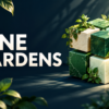 NINE GARDENSのタイトルと、植物に囲まれた緑色の立方体を描いたアイキャッチ用イメージイラスト