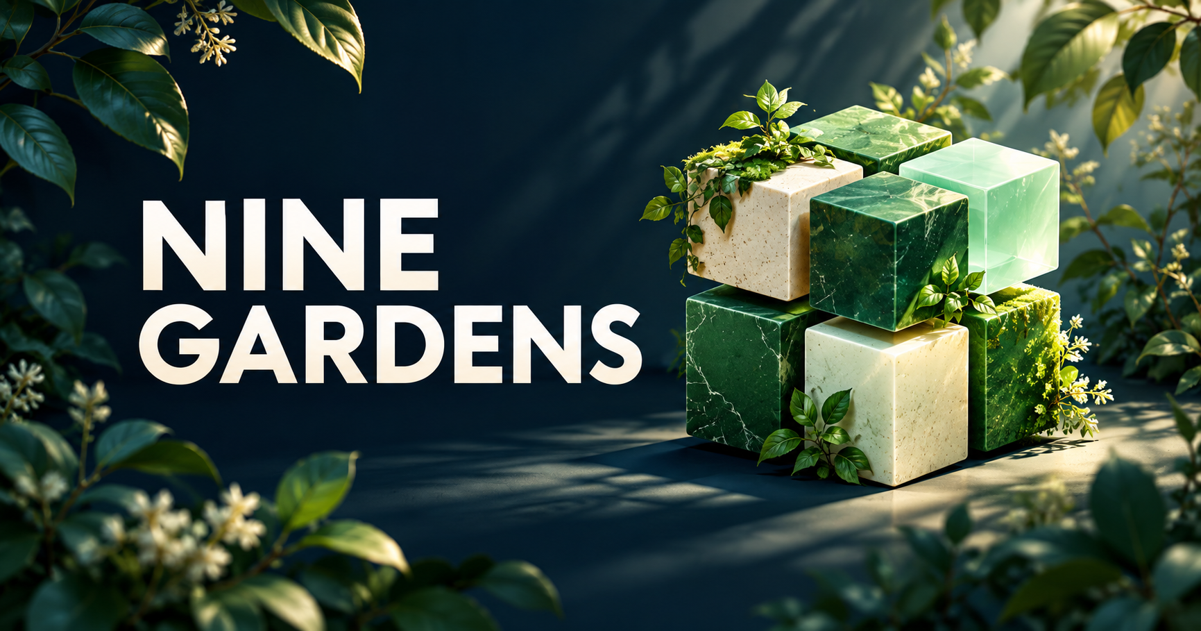 NINE GARDENSのタイトルと、植物に囲まれた緑色の立方体を描いたアイキャッチ用イメージイラスト
